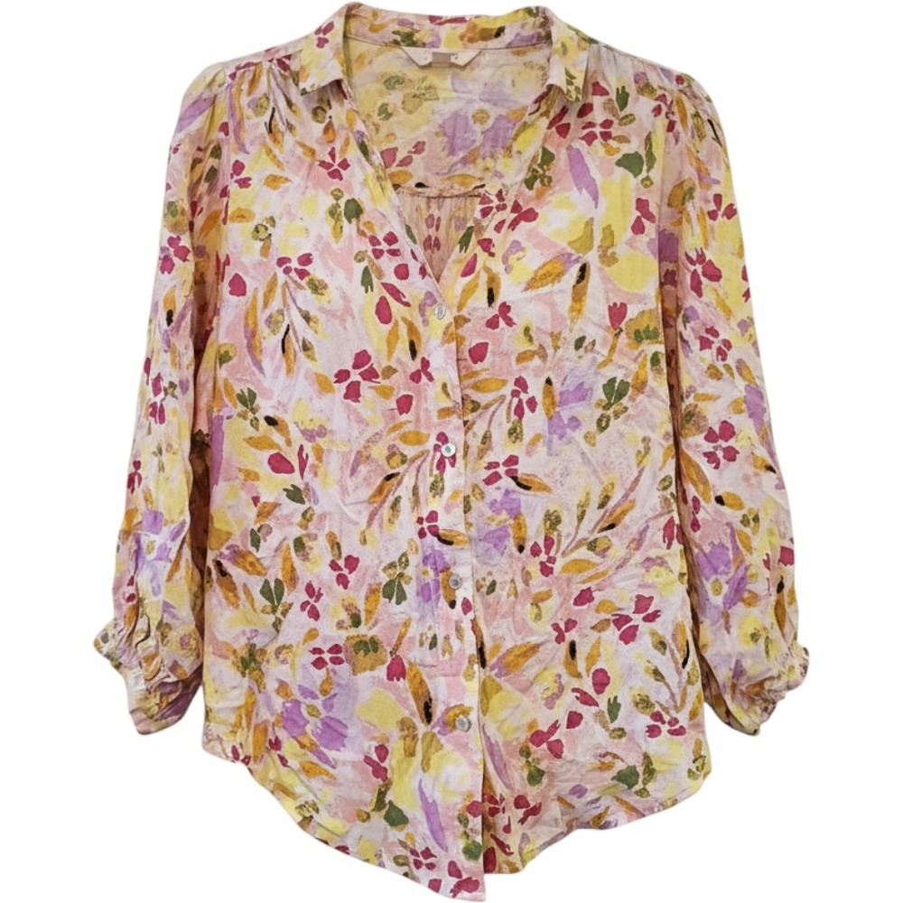 LC Lauren Conrad Womens Small Floral Button Front Blouse Yellow Pink 3/4 Sleeve